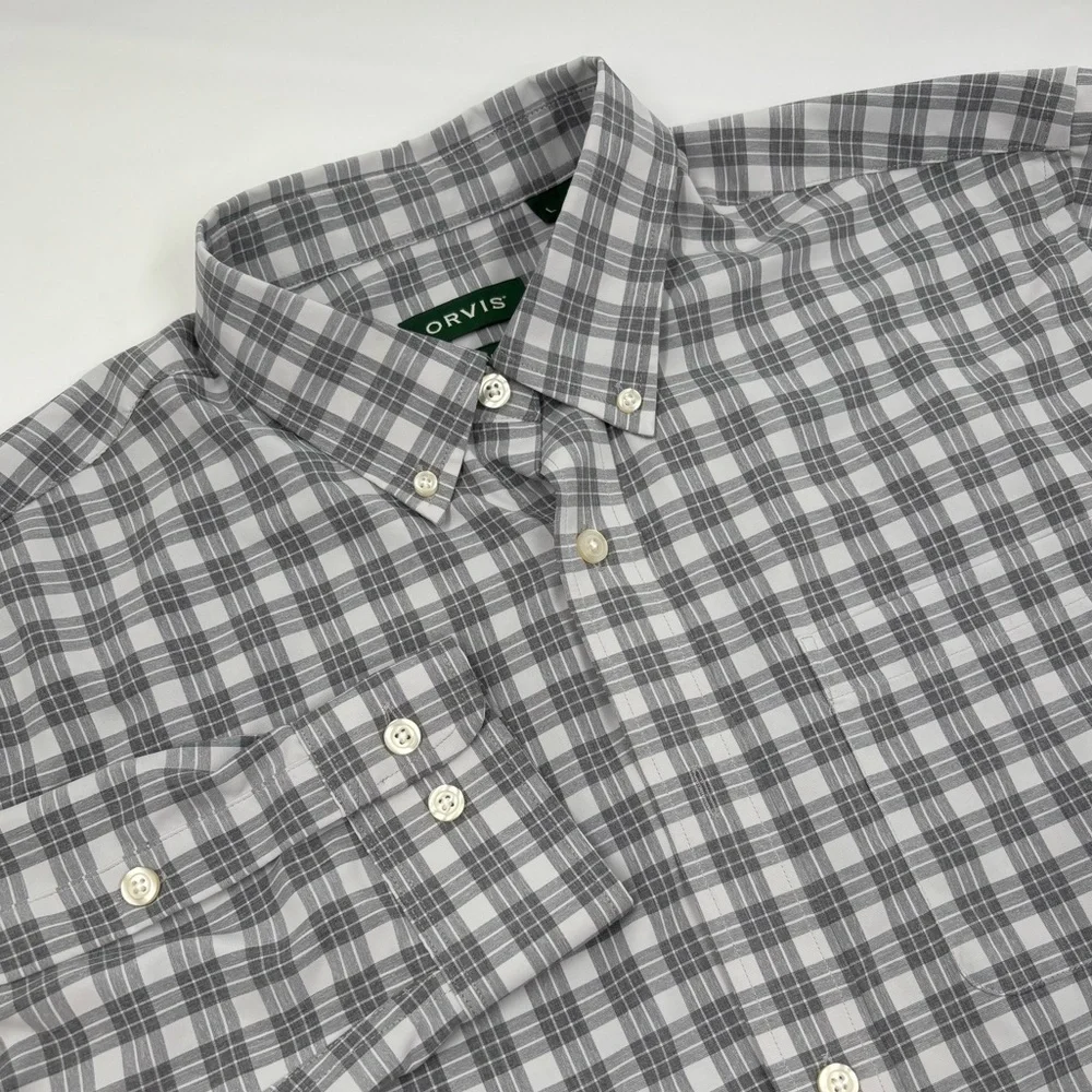 Orvis Men's L Active Fit Polyester Gray Plaid Long Sleeve Button Shirt